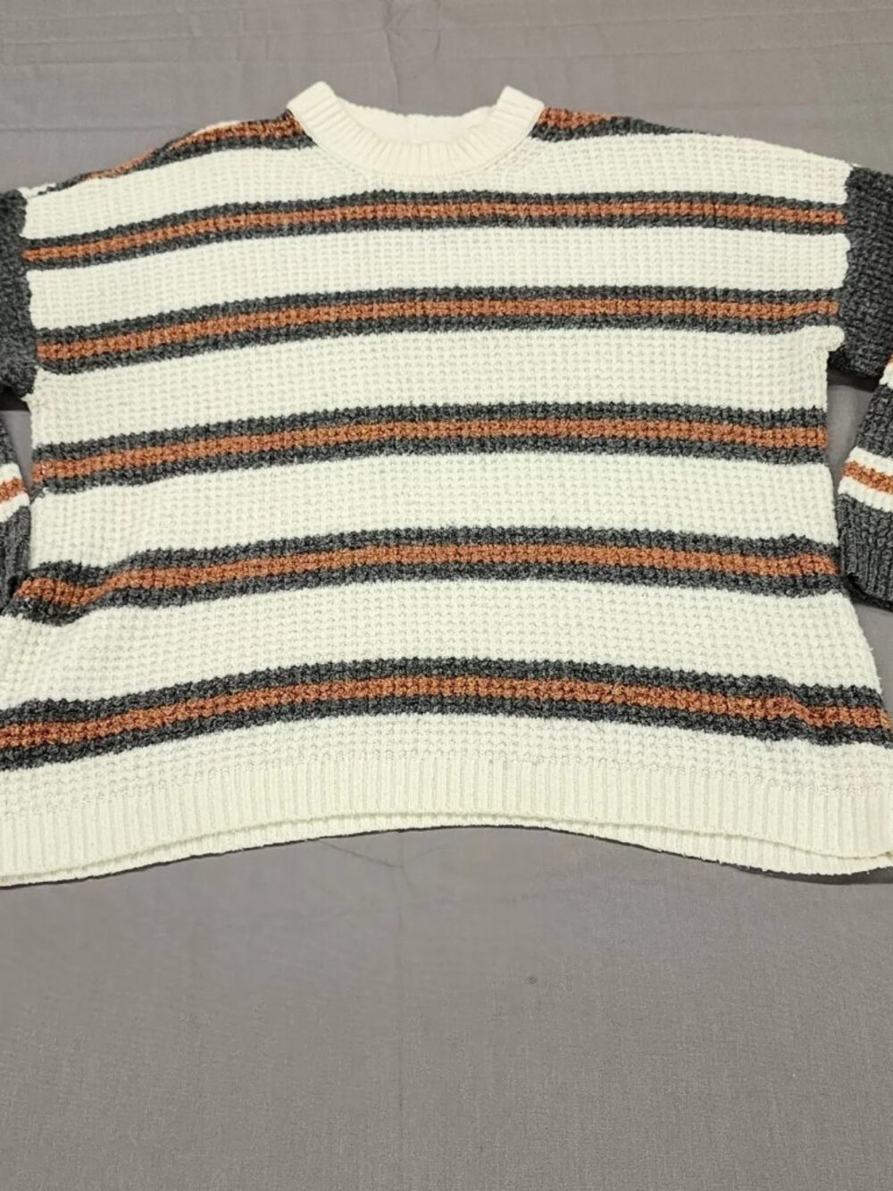 American Eagle Womens M Waffle Knit Sweater Striped Pullover Cream Gray Rust